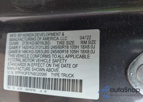 2022 Honda Ridgeline Rtl from USA, damaged, VIN 5FPYK3F57NB020585